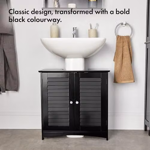 VonHaus Shrewsbury Freestanding Under Sink Bathroom Cabinet with Roll Shutter Doors and Internal Shelves, Black – 4