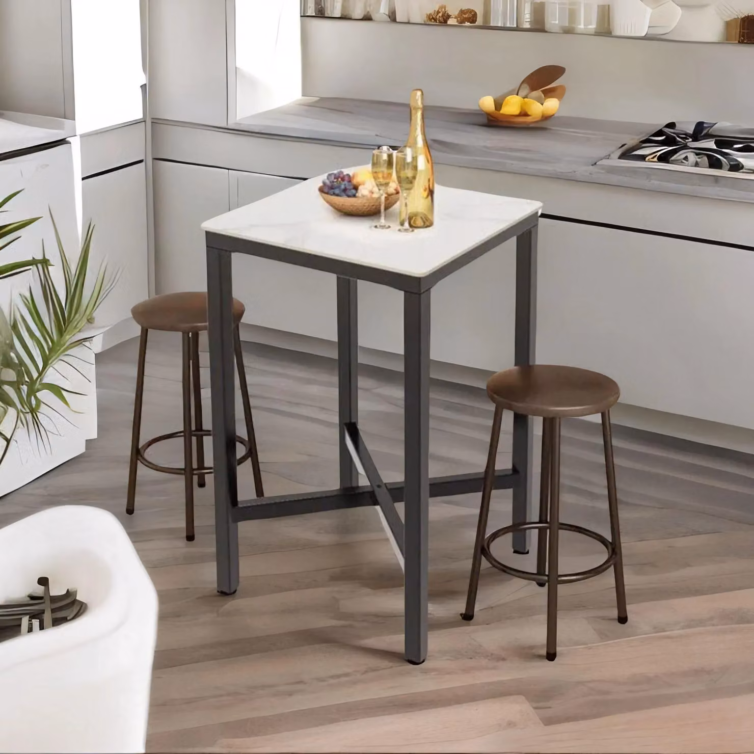 FURNOS Industrial Square Bar Table with Ceramic Top in White and Black, W/D/H: 70 x 70 x 105 cm – 2