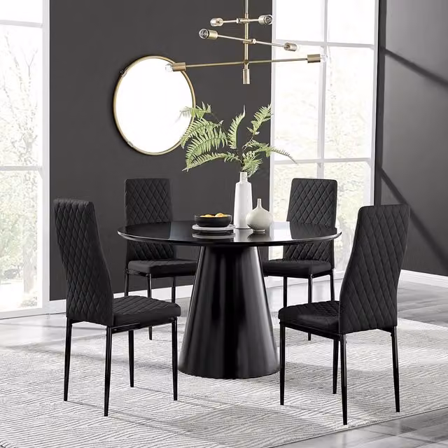 FurnitureboxUK Palma Black Semi Gloss Round Dining Table and 4 Black Milan Leg Chairs