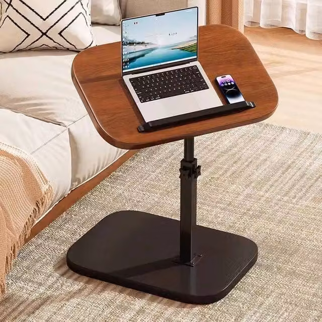 FORGEVIO Modern Brown Side Table with Tilting Top and Height Adjustable Central Column for Living Room or Bedroom
