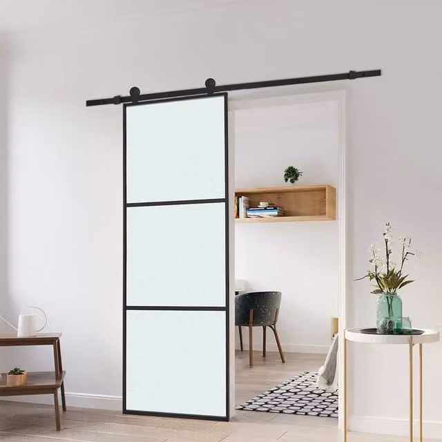 Livingandhome Modern Black Glass Barn Door with Sliding Hardware Kit and Aluminium Frame