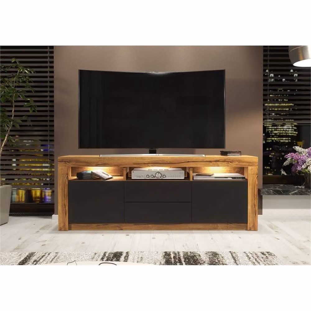 FORGEVIO Modern Oak Matt TV Stand Cabinet with Black Matt Doors in Light Oak – 2