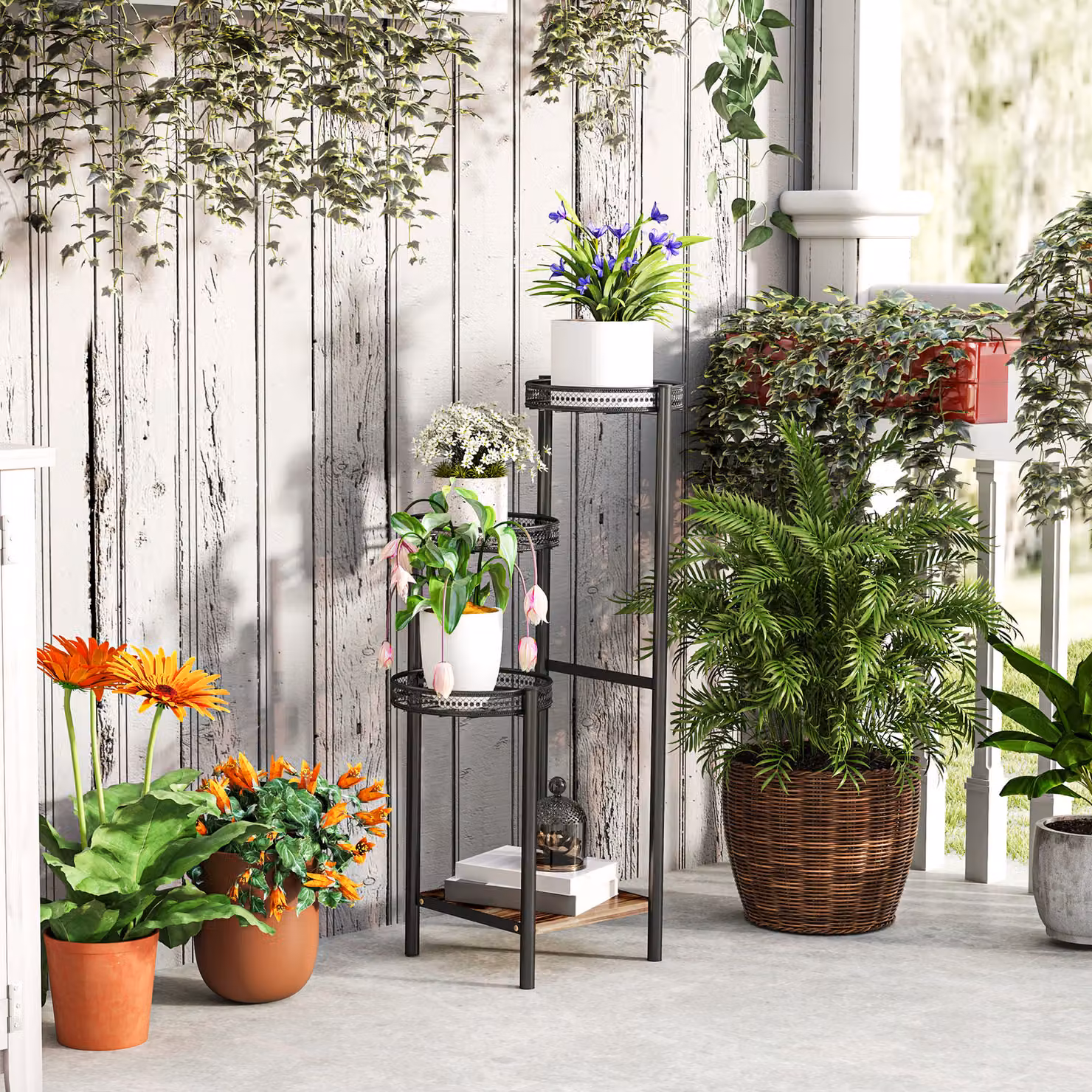 Outsunny Four-Tier Steel and Wood Plant Stand in Black – 7
