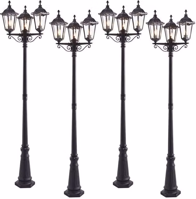 Loops 4 Pack Matt Black Aluminium and Glass Outdoor 3 Light Bollard Lantern Lamps