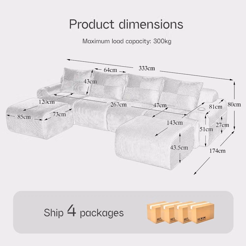 Rolipo 4-Seater Black Corduroy Modular U-Shape Sofa with Matching Ottomans and Cup Holders – 2