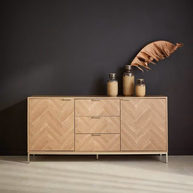 Sweekeek Herringbone Sideboard with 3 Drawers in Light Brown, 160 cm Width – 1