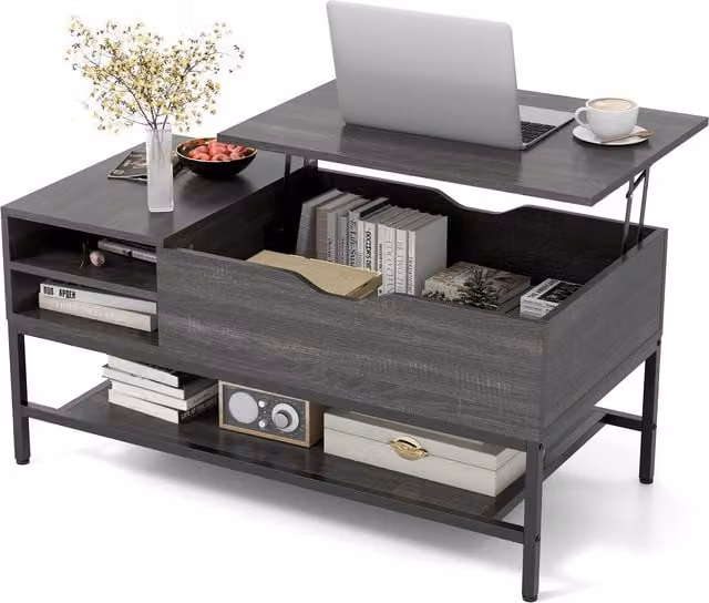 COSTWAY Grey Industrial Lift Top Coffee Table for Living Rooms