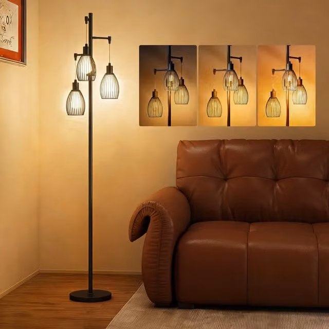 HOMCOM Industrial 3-Light Floor Standing Lamp with Metal Lampshades, Black