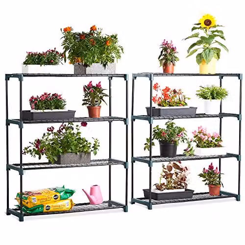 VonHaus 4 Tier Steel Greenhouse Shelving Staging Unit, Pack of 2, Black and Green, H 107.5 cm x W 90 cm x D 30.5 cm – 1