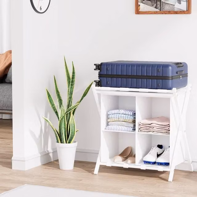 Huhote 2-Tier Metal Luggage Rack with Storage Shelf in White