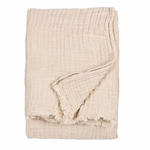 Riva Home Woven Cotton Muslin Throw with Fringes in Beige, W/D/H: 240 x 260 cm