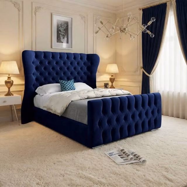 KDMD Zelah Upholstered Curved Velvet Designer Bed Frame in Blue, W/D/H: 120 x 200 x 137 cm (Height: 137 cm)