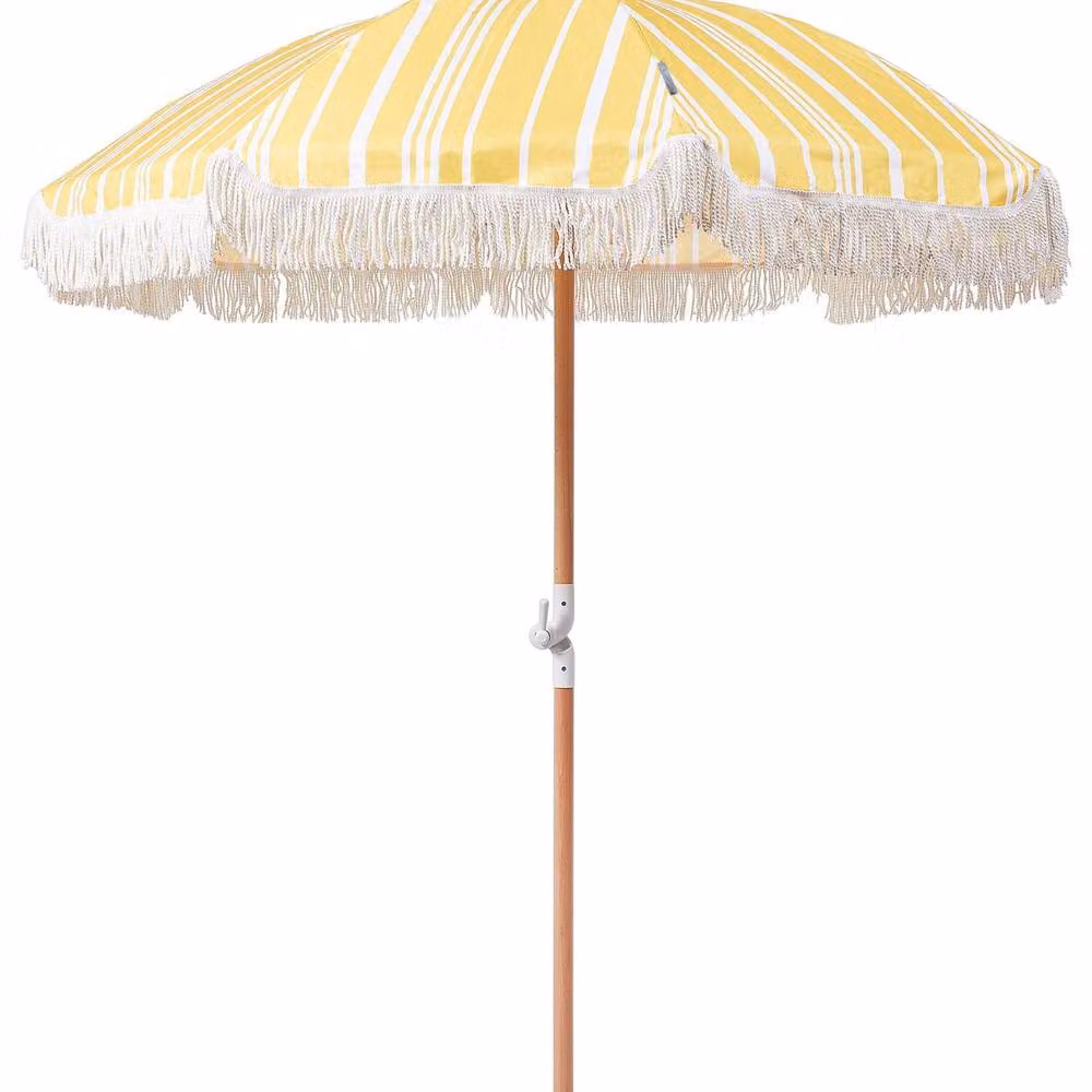Wyld and Coco Garden Parasol with Beech Wood Pole, Yellow and White Striped, Diameter: 150 cm – 2