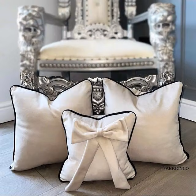 Fabricnco Glamour Bespoke Plush Velvet Square Cushion Set with Piping in Cream and Black