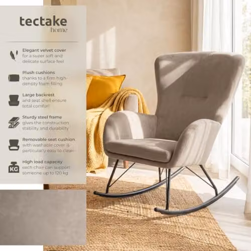 tectake Rocking Chair with Velvet-Look Fabric and Foam Padding, Modern Armchair with Metal Frame in Black and Beige – 3