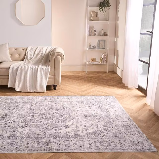 OHS Vintage Print Washable Rectangular Rug in Grey, 160 cm