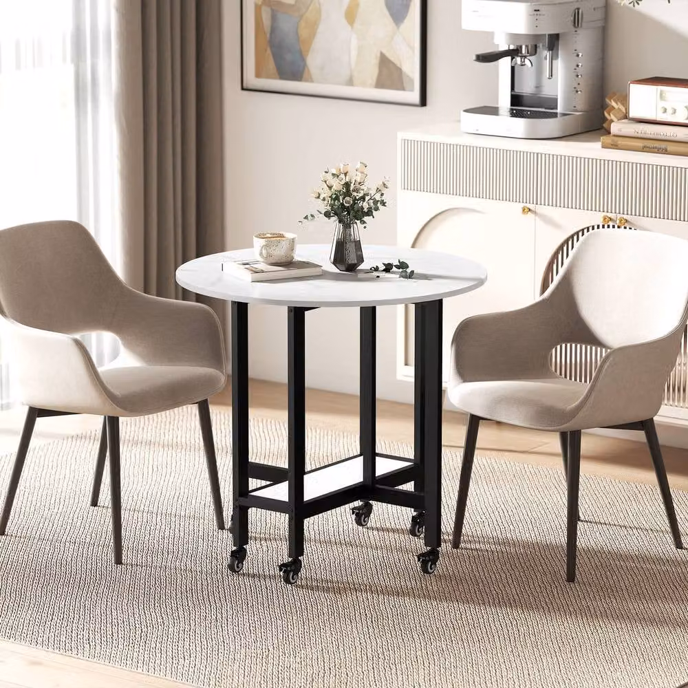 STILVORA Folding Dining Table with Shelf and Lockable Wheels in White – 2
