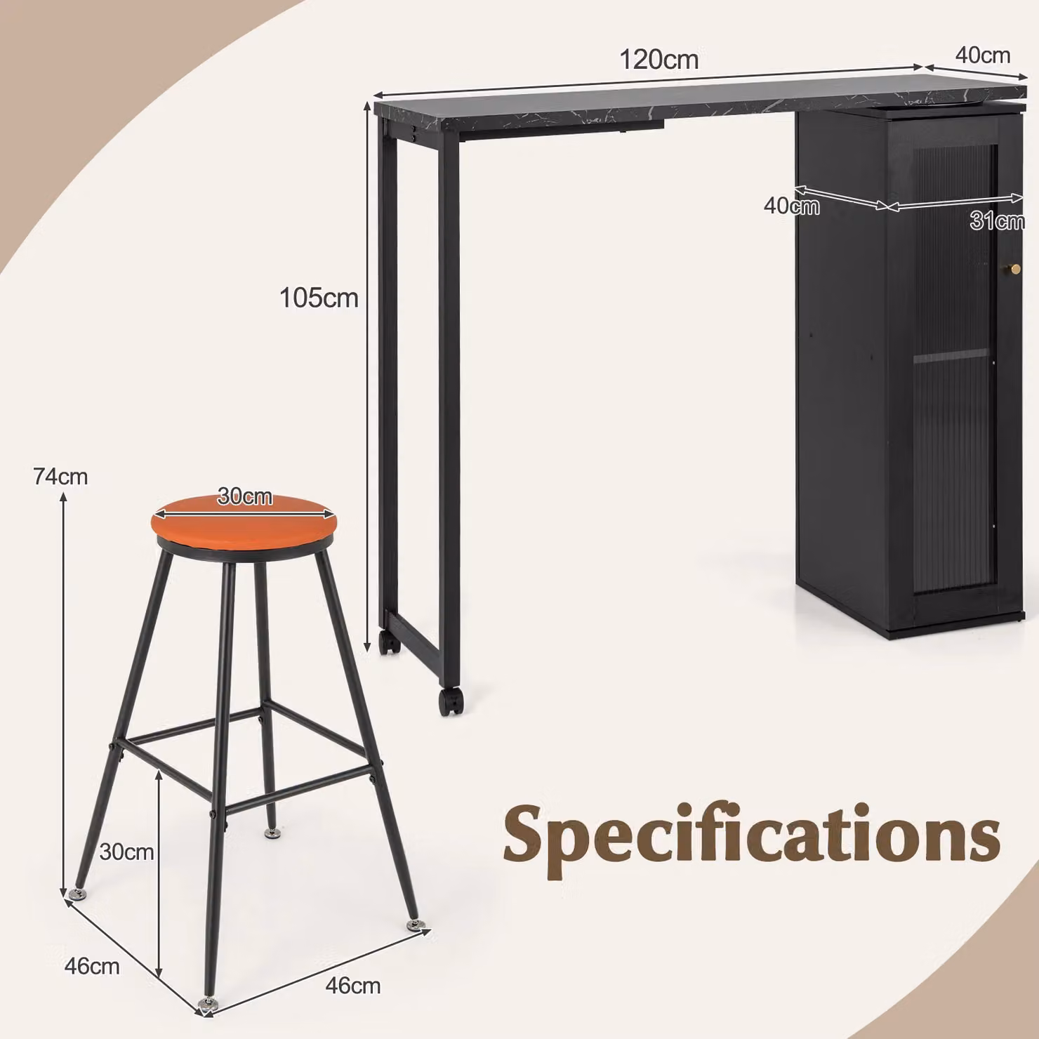 Gymax Modern Swivel Top Bar Table and 3 Chairs Set with Cabinet in Black – 2