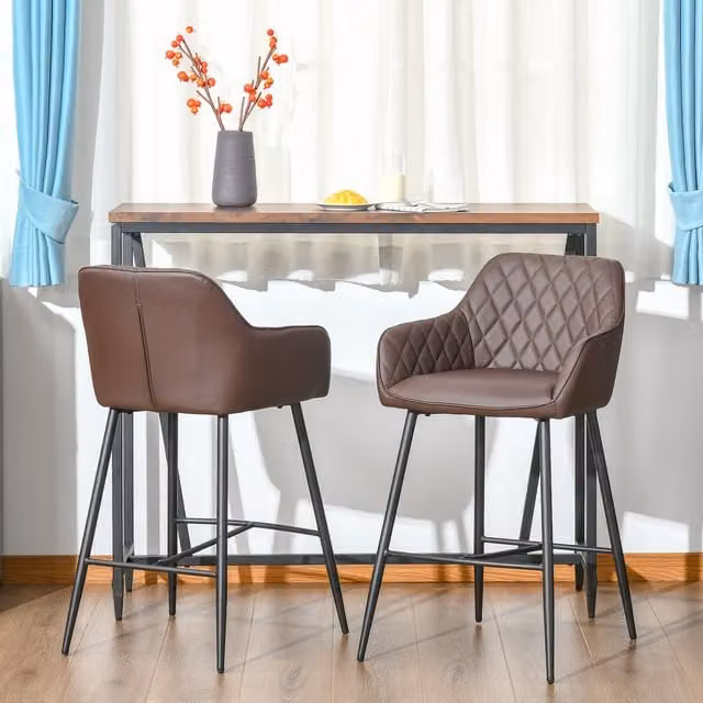 HOMCOM Set of 2 Retro Brown Synthetic Leather Bar Chairs with Metal Legs