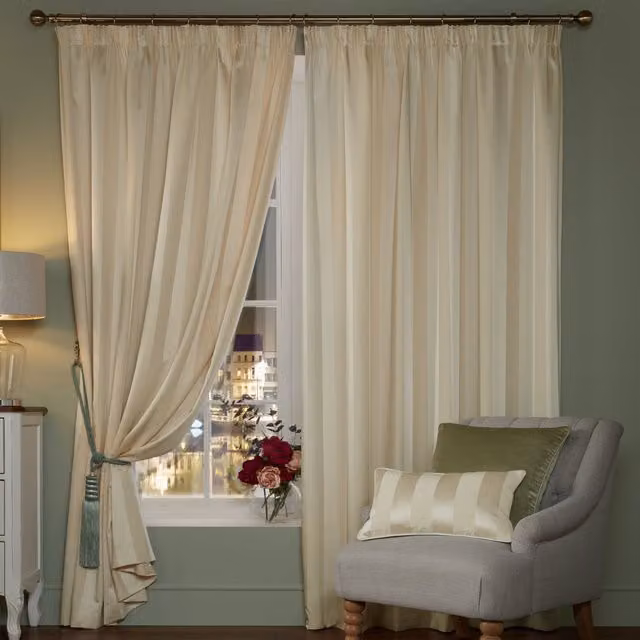 Laura Ashley Lille Stripe Ready Made Pencil Pleat Curtains in Oyster Beige