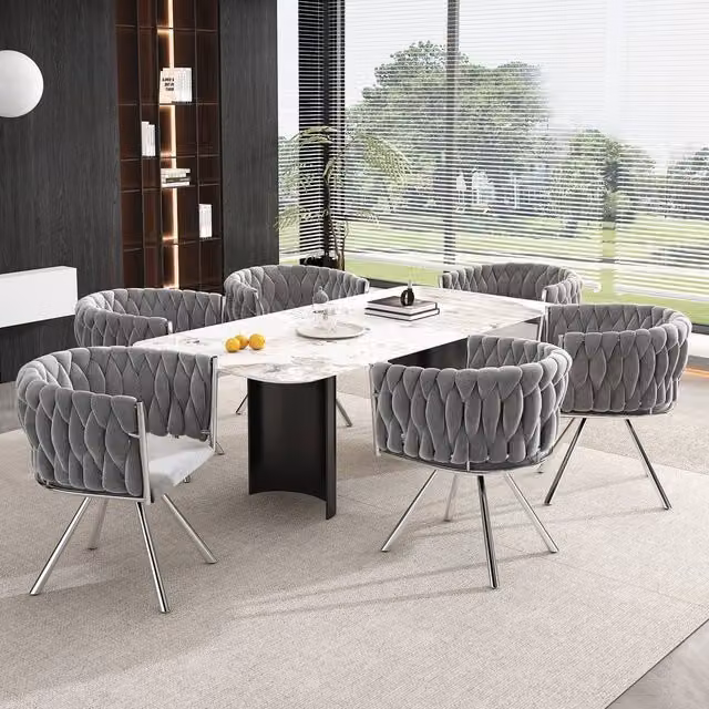 Merax Set of 6 Grey Velvet 360-Degree Swivel Dining Chairs with Metal Legs – 1