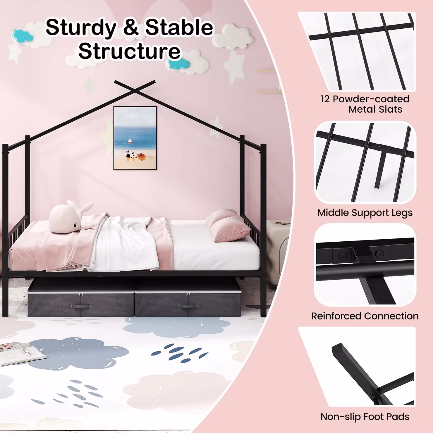 Costway Double Size House Bed with 2 Drawers, Heavy-Duty Metal Platform Bed in Black, W/D/H: 140 x 200 cm – 4