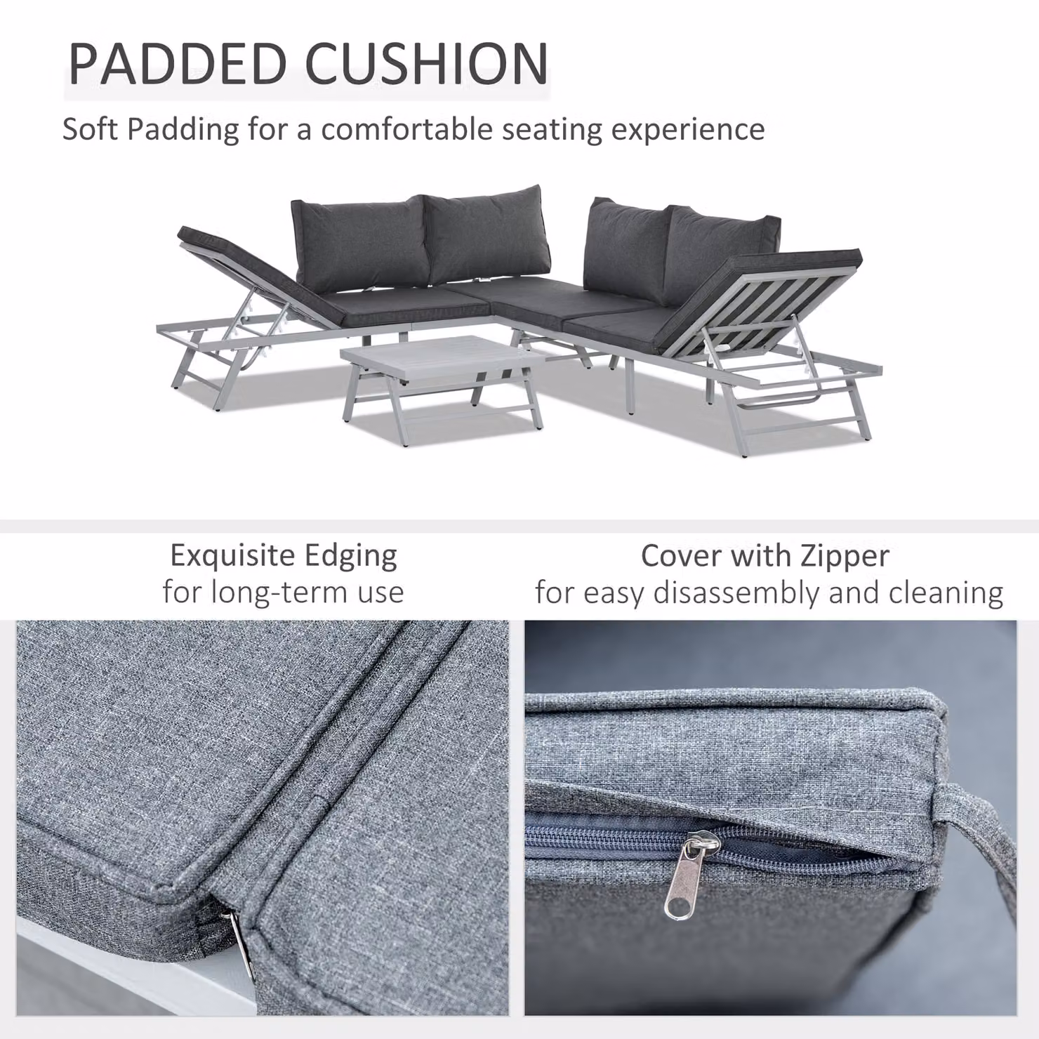 Outsunny 3 Piece L-Shape Garden Seating Set with Convertible Sofa, Coffee Table and Grey Weather-Resistant Cushions – 5