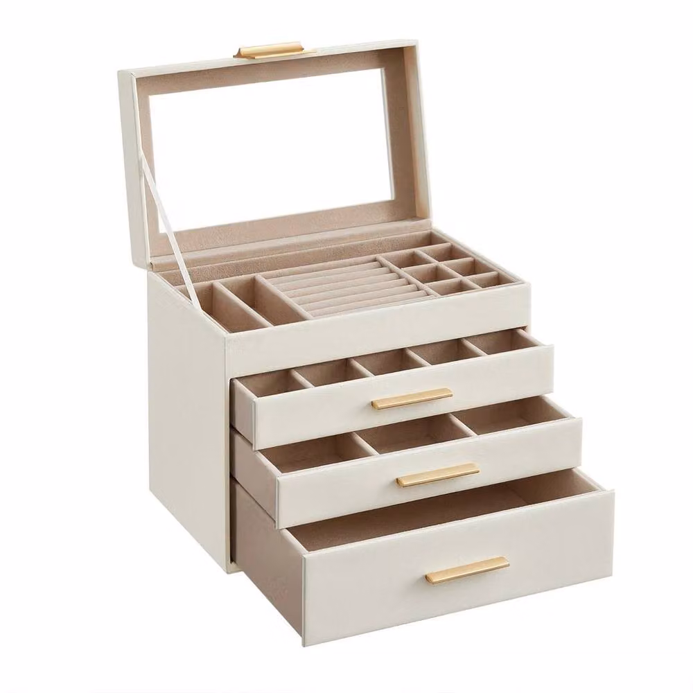 KORVIXA 4-Tier Jewellery Box with Glass Lid in White and Gold – 2
