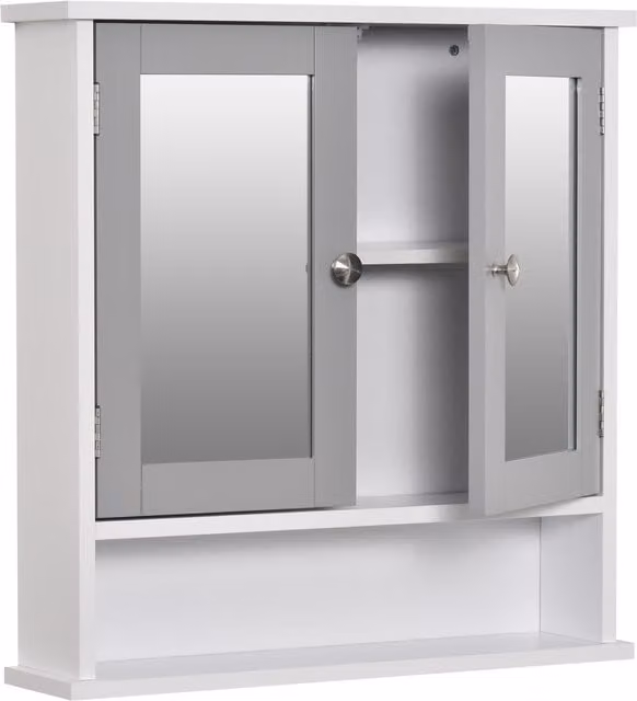 Kleankin White Wall-Mounted Bathroom Mirror Cabinet with Glass Hinged Doors and Internal Shelves