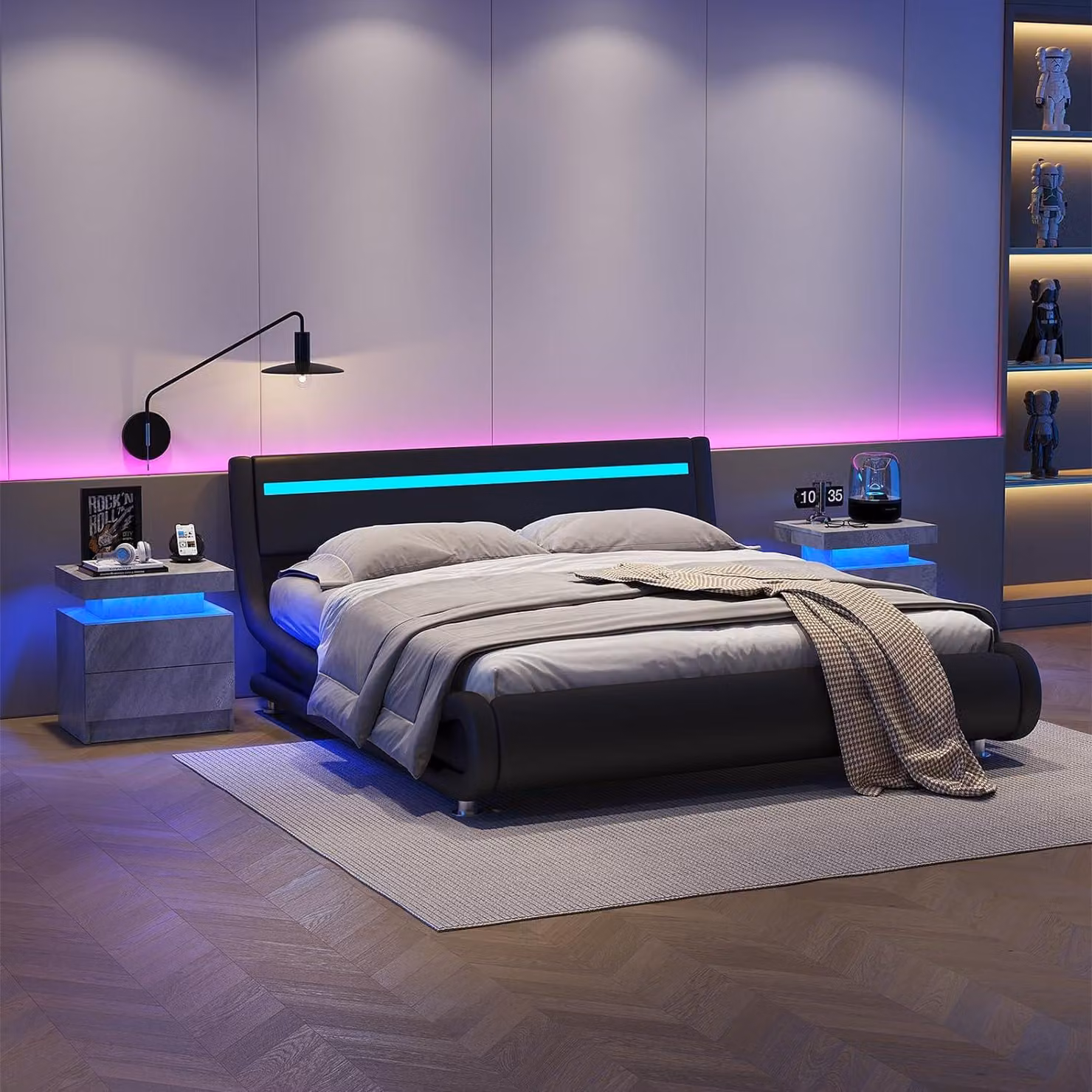Aosom Modern Grey Bedside Table with 2 Drawers and Adjustable Integrated LED Lights, W: 35 cm, D: 49 cm, H: 52 cm – 4