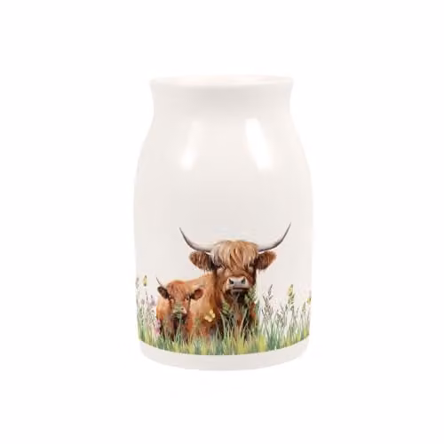 Purely Home Highland Cow and Calf Small Porcelain Vase in White and Brown