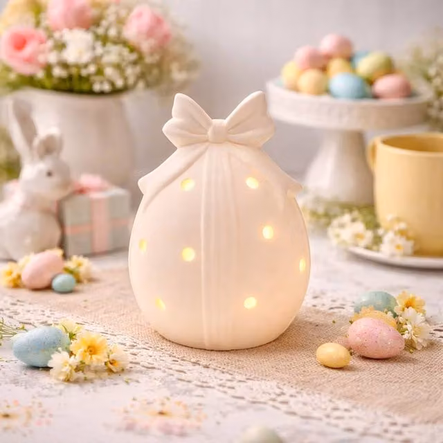 Eggstraordinary Gift Co. White Dotted Ceramic LED Egg Ornament for Easter and Spring Decor