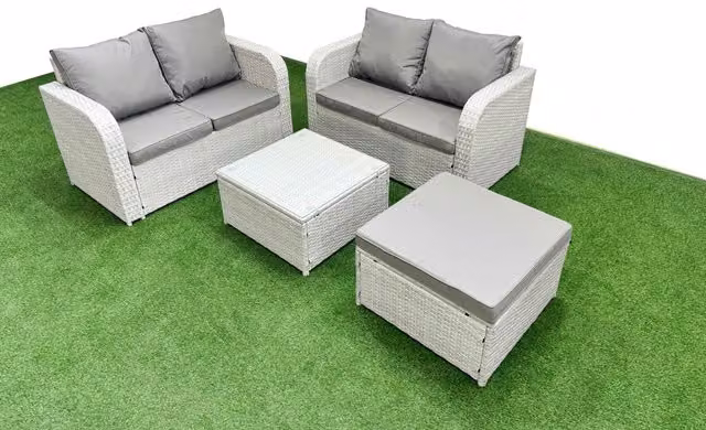 Fimous 5 Seater Rattan Garden Furniture Set with Square Coffee Table and Large Footstool in Light Grey