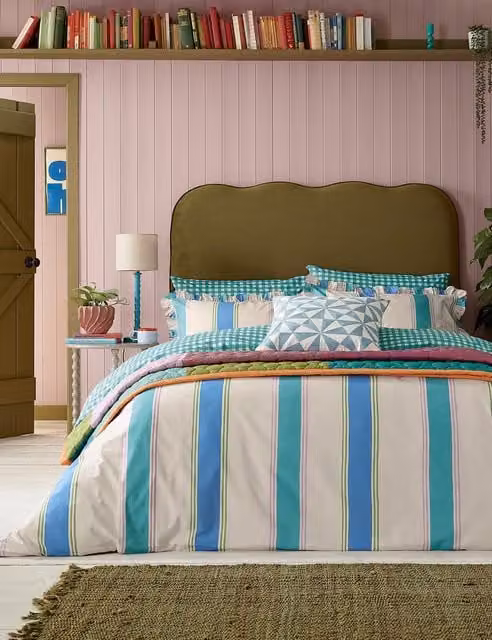 LAND & SHORE Winnie Striped Reversible Pure Cotton Bedding Set, Multicolour, W: 140 cm, L: 200 cm