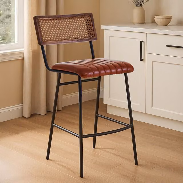 Fifty Five South Orsina Retro Bar Chair with Rattan Webbed Backrest and Brown Leather Padded Seat – 2