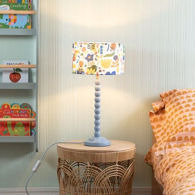 ValueLights Bobbins Powder Blue Table Lamp with Fabric Jungle Drum Shade – 1