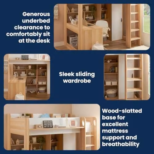 Flair Ava High Sleeper Bed with Desk, Wardrobe and Storage in White and Oak – 2