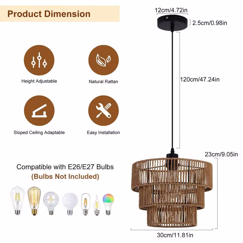NIVOR Boho Rattan Pendant Light, Brown Farmhouse Chandelier for Living or Dining Rooms – 2