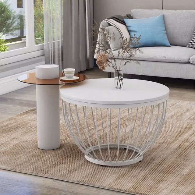 Modern Home Store Set of 2 Round Modern Coffee Tables with Metal Frame in White