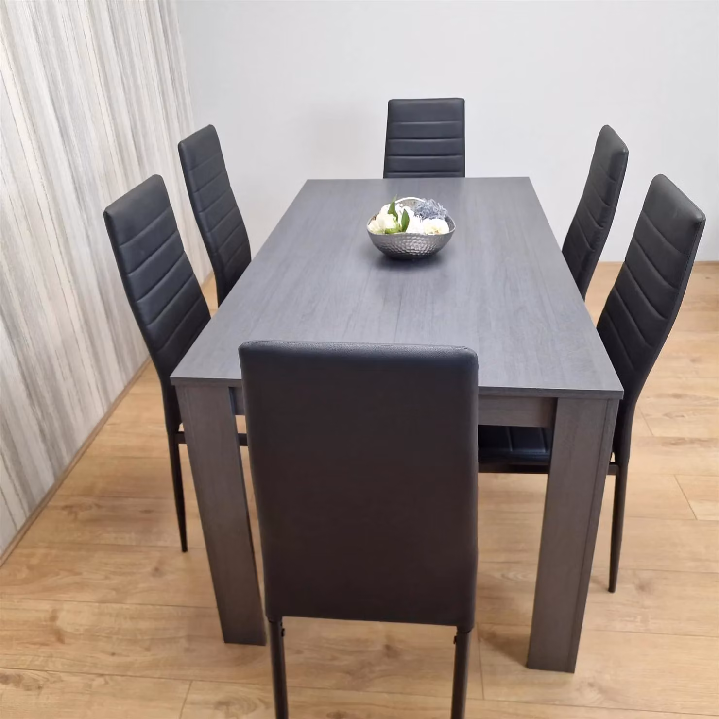 KOSY KOALA Modern Dining Room Furniture Set in Brown and Grey, featuring a Rectangular Table, 4 Grey Velvet Chairs and 1 Bench – 1
