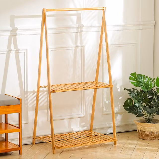 Livingandhome Brown Bamboo Foldable Plant and Coat Storage Rack with Shelf