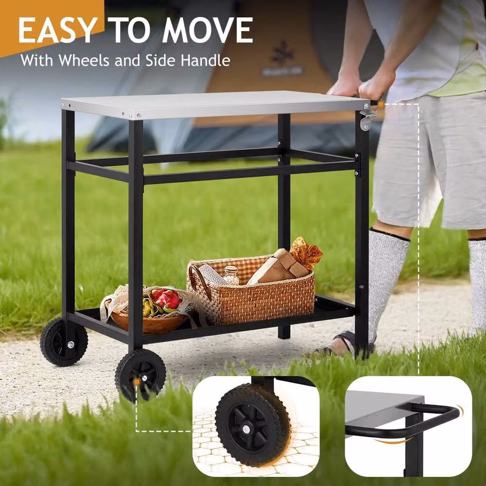 FLAVORA 2-Tier Wheeled Portable BBQ Prep Cart in Matt Black – 4