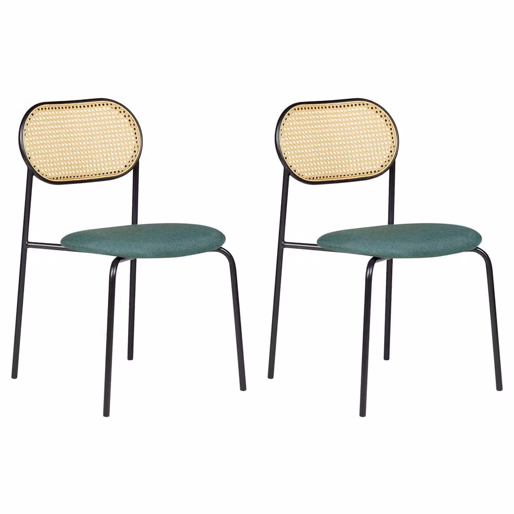 Wyld Haus Set of 2 Retro Viennese Dining Chairs with Green Fabric Seats and Black Iron Frames – 2