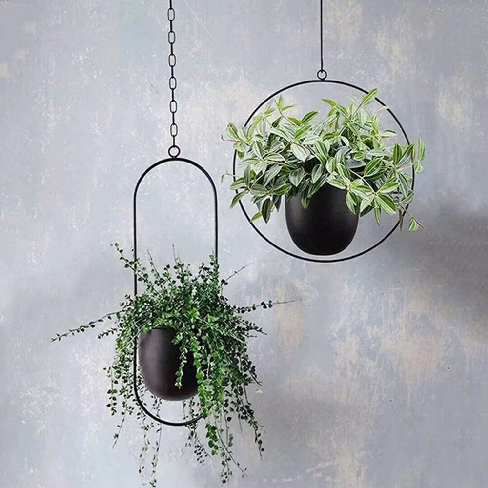 FORGEVIO Modern Geometric Oval Hanging Planter in Black Metal – 3