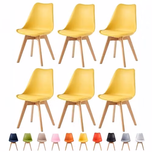 mcc direct Set of 6 Deluxe Retro Dining Chairs with Wooden Legs and Soft Cushions, Yellow
