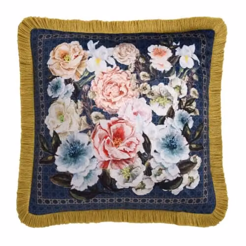 House of Llewelyn-Bowen Bouquet List Blue Floral Velvet Filled Cushion, W/D/H: 43 x 43 x 43 cm – 4