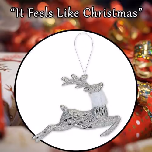 VFM e-Store Silver Glitter Reindeer Hanging Christmas Decoration, 17 x 20 cm – 6