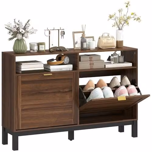 HOMCOM Rustic Brown Narrow Shoe Cabinet with 2 Tilting Compartments and Open Shelf, W/D/H: 80 x 29 x 120 cm – 1