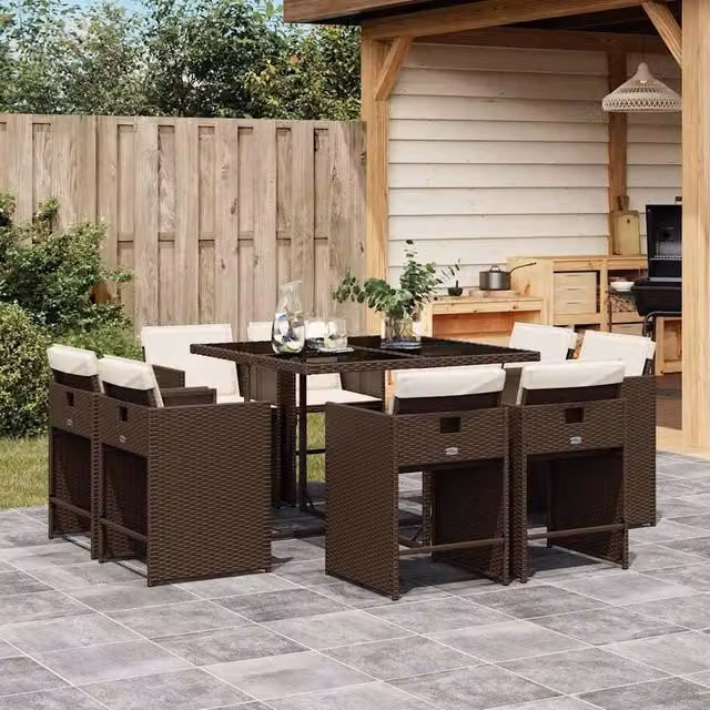 Berkfield Home 9 Piece Brown Poly Rattan Garden Dining Set with Cushions and Glass Tabletop