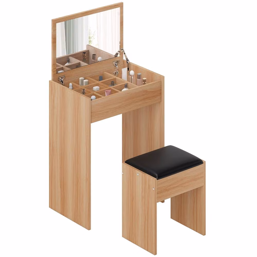 HOMCOM Dressing Table Set with Flip-up Mirror and Padded Stool in Natural Brown – 2